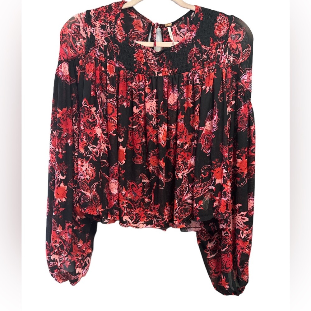 Free People Black & Red Floral Smocked Crop Top